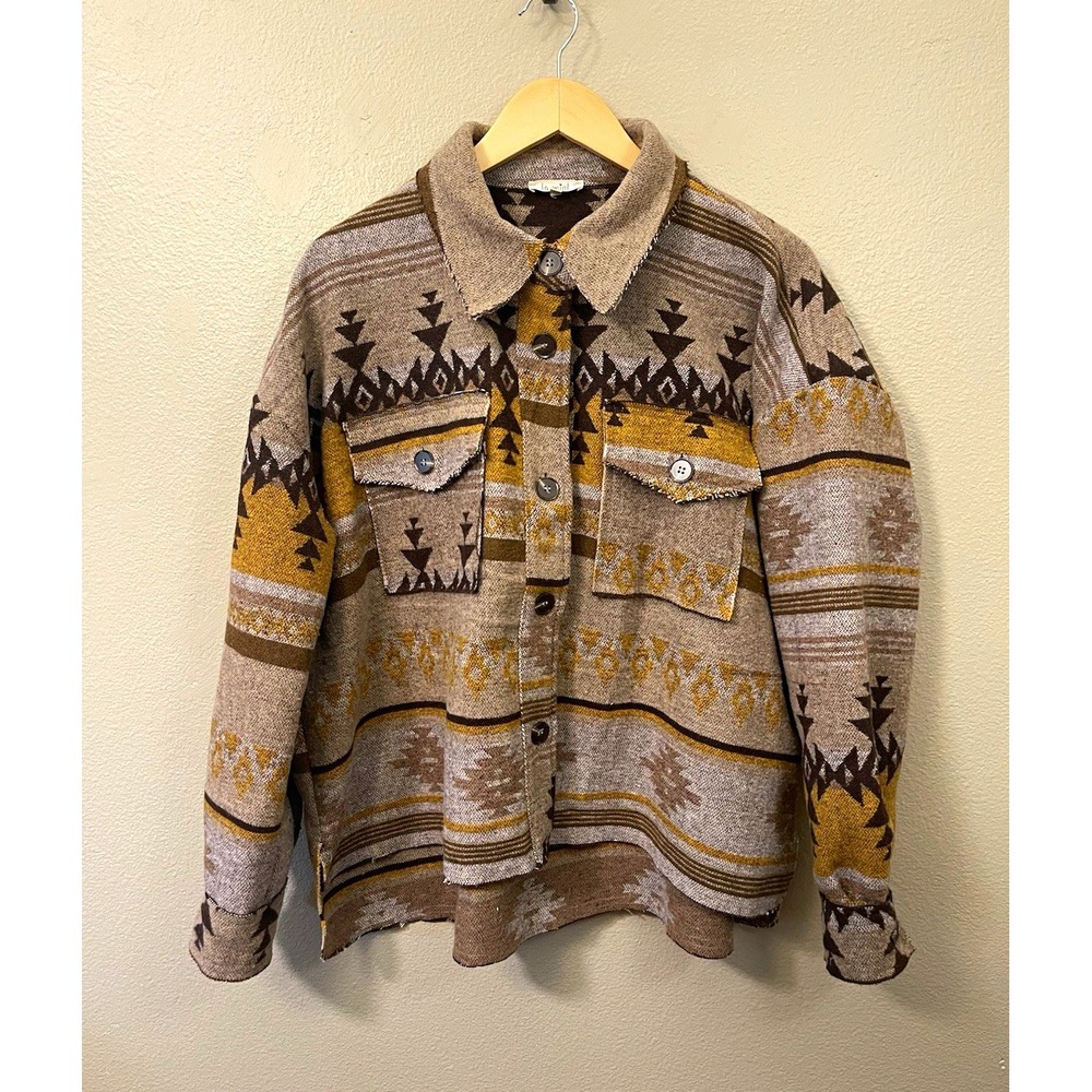 La Miel Women's Aztec Geometric Jacket Oversized Raw Edge Hi-Lo Western Sz L